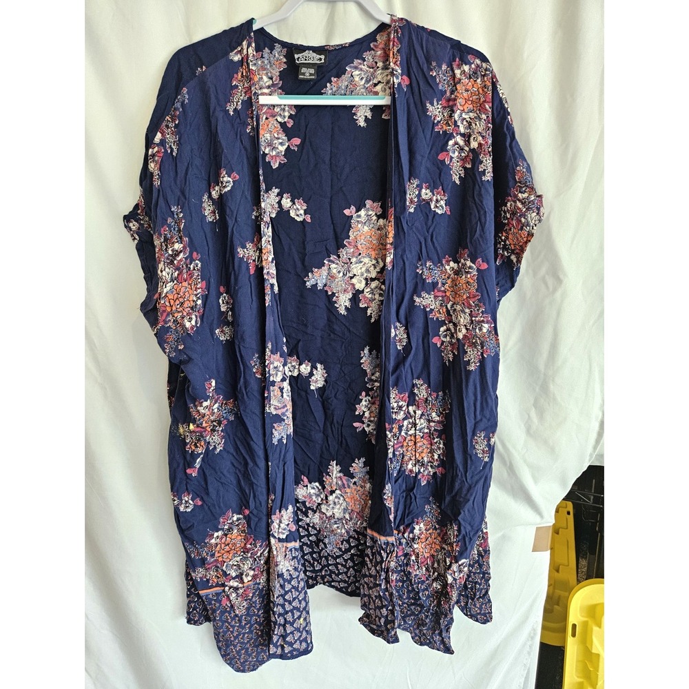 Angie Womens M Blue Floral Open Front Kimono 3/4 Sleeve Lightweight Rayon